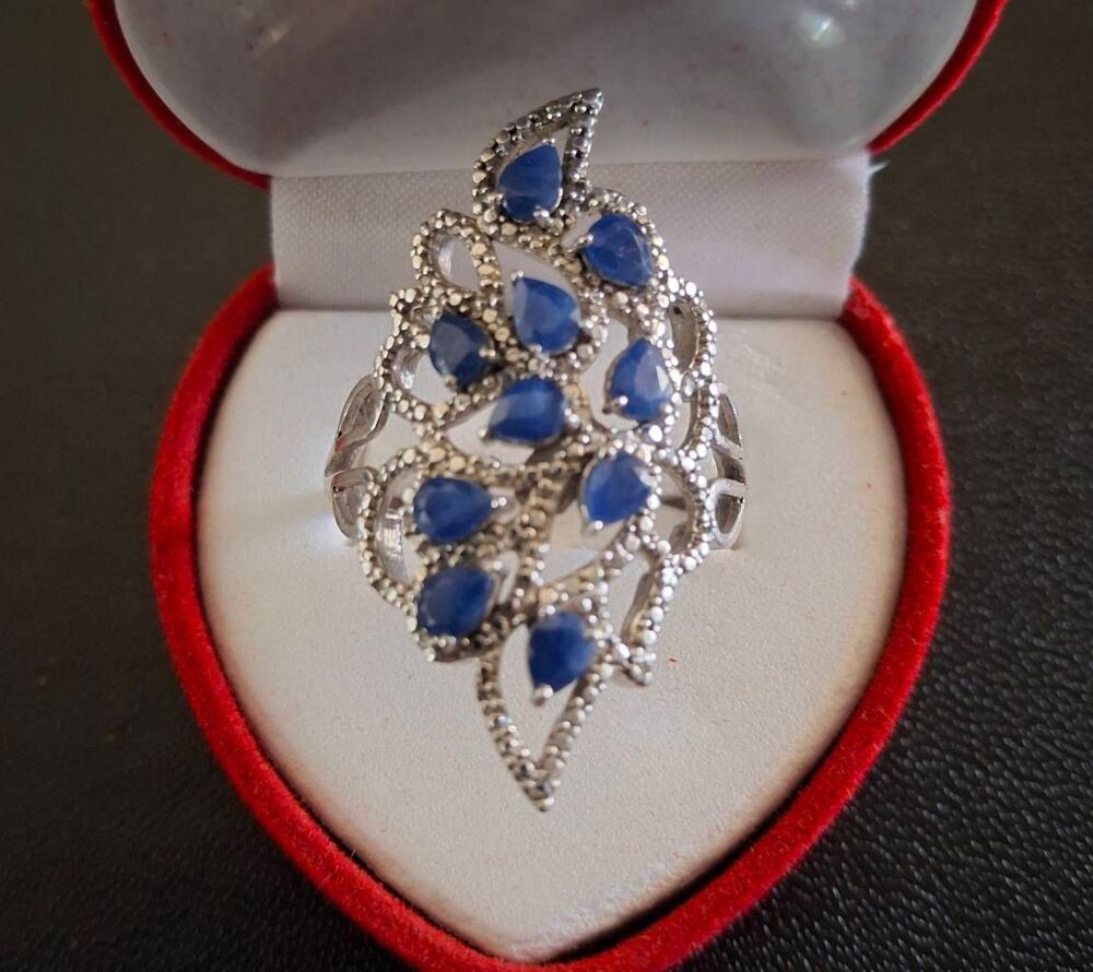 Gorgeous ROSS-SIMONS Genuine Blue Sapphire & Diamond Statement Ring Sz 10~925SS